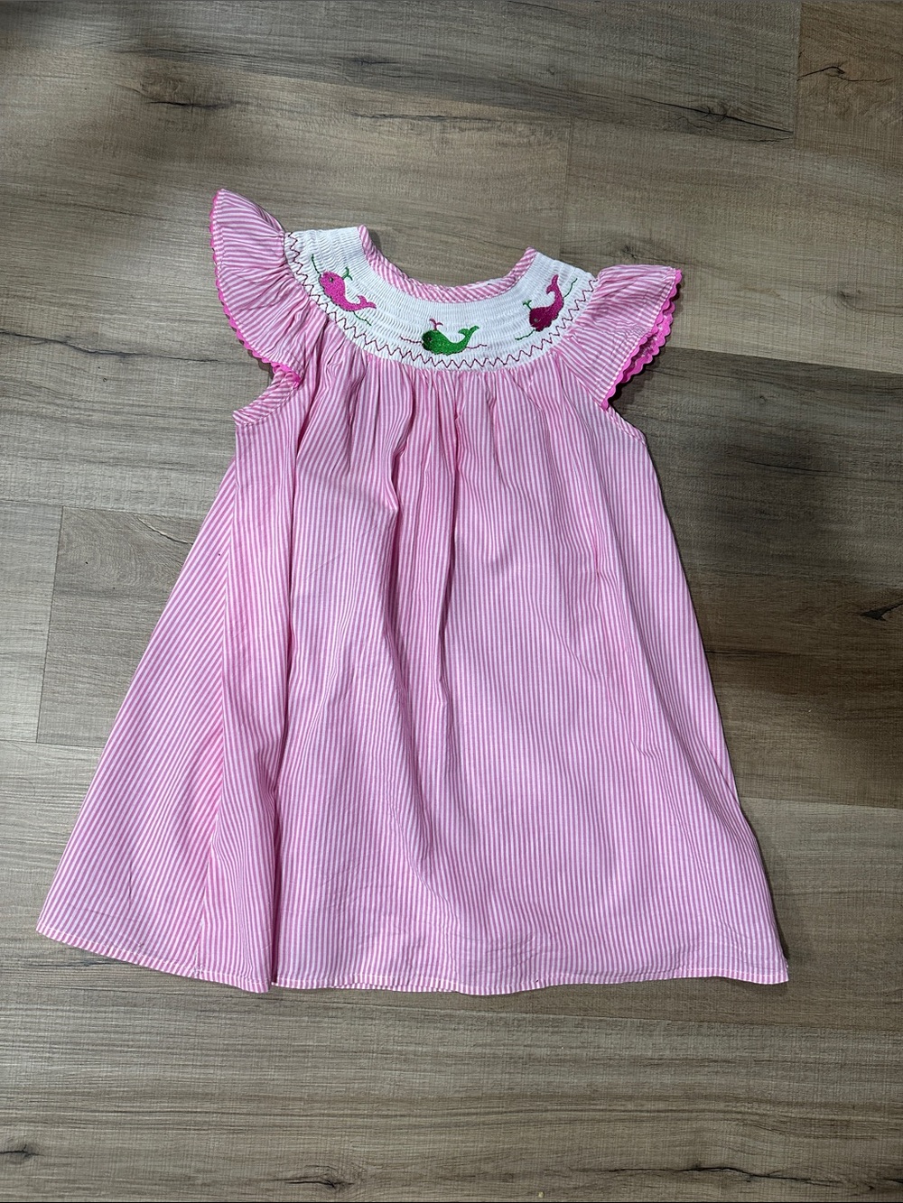 Marie Nicole Pink Striped Smocked Flutter Sleeve Dress